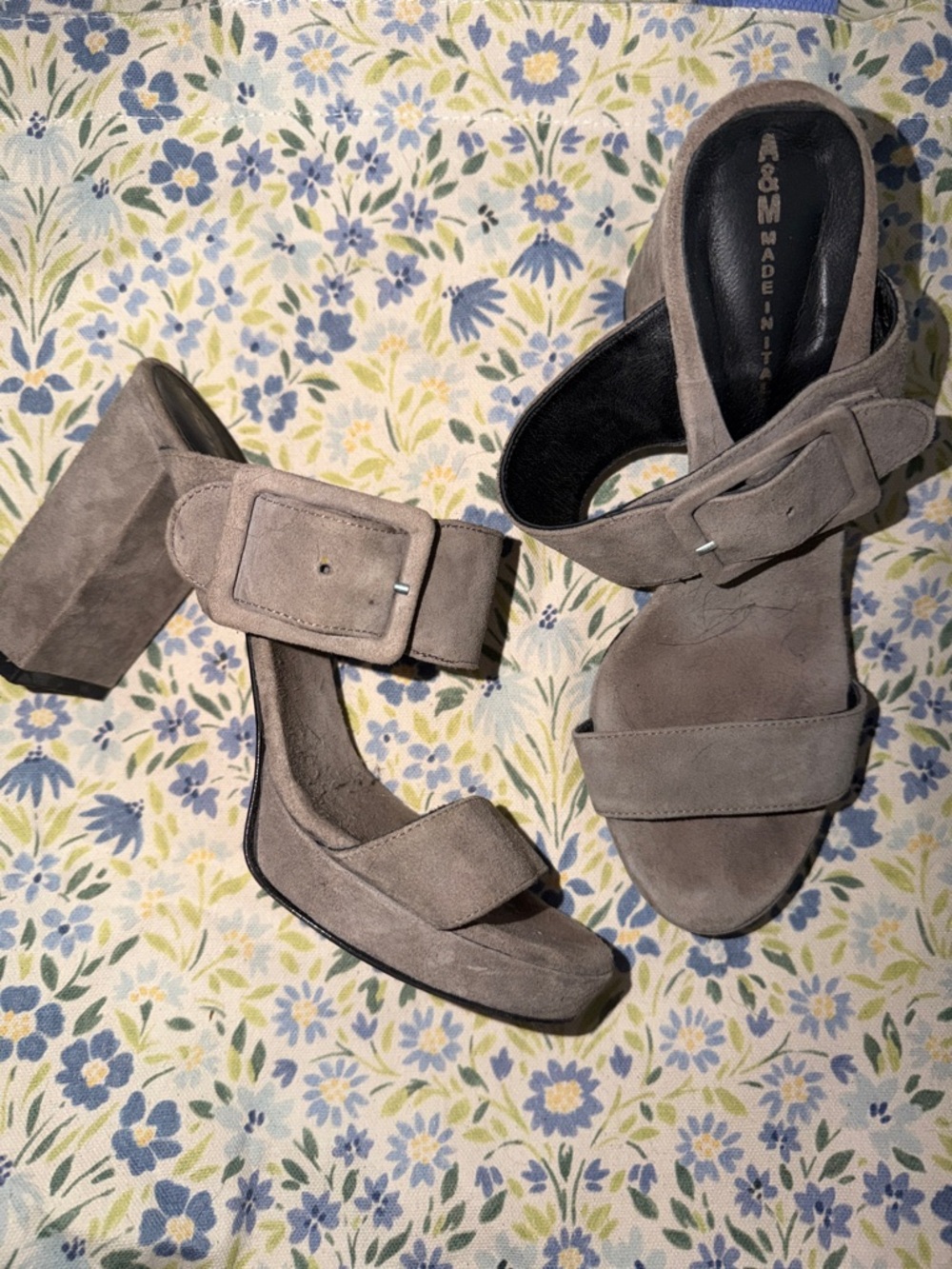 Suede Block-Heel Sandals in Taupe